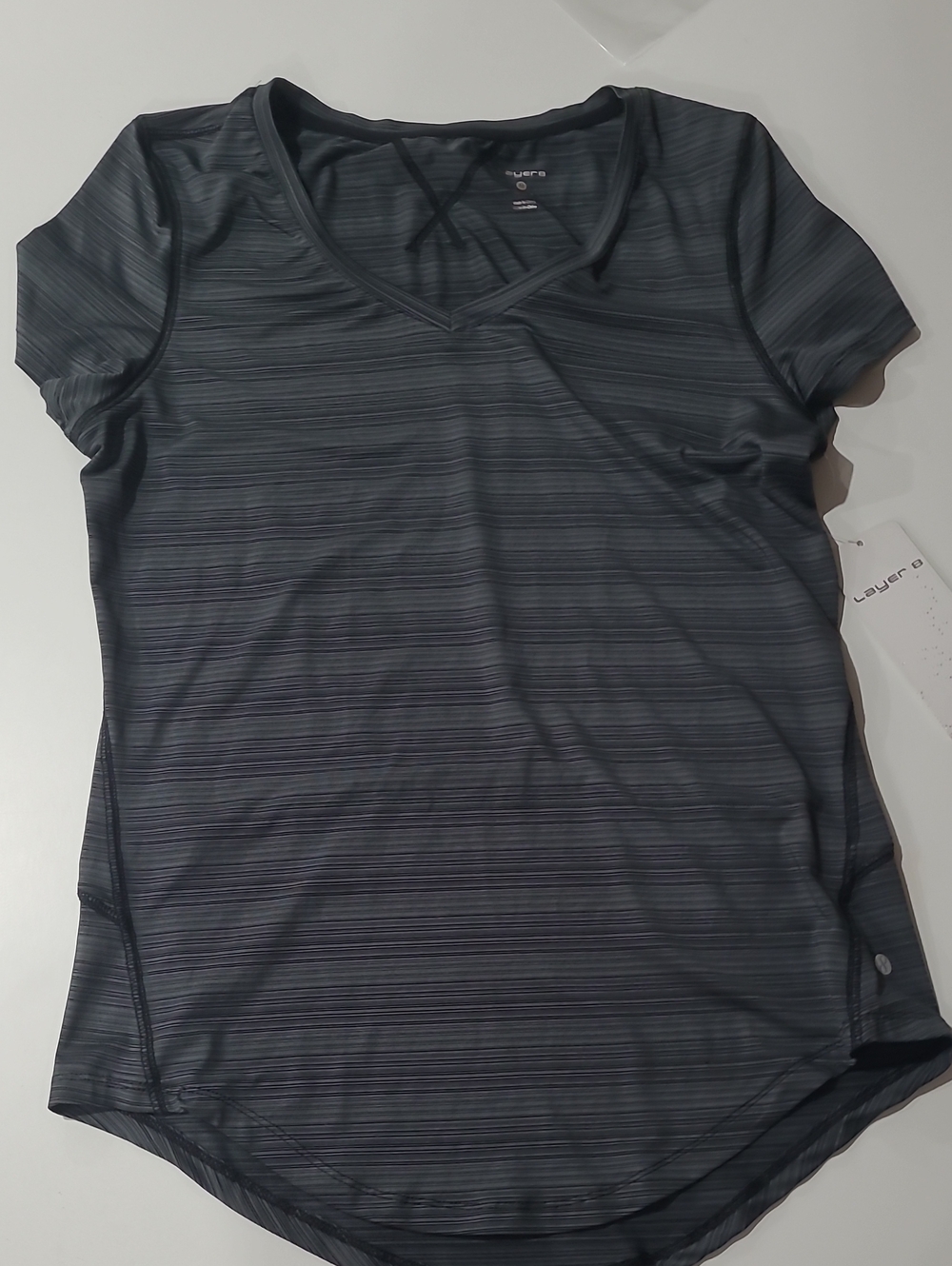 Layer 8 Women's Dark Gray Striped V-Neck Short Sleeve Tee